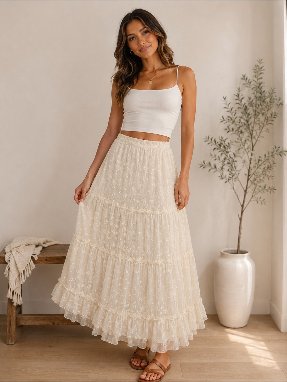 Luna Chix Ivory Tiered Embroidered Maxi Skirt Size Medium Boho Cottagecore